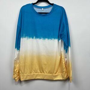 Ombre Blue White Yellow Tie Dye Lightweight Crewneck‎ Casual Sweatshirt